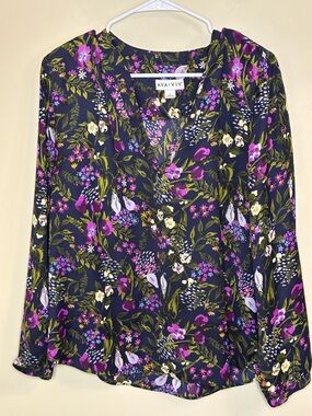 Ava & Viv Navy Floral V-Neck Blouse with Purple Accents - 1X P2P 23” Length 29”